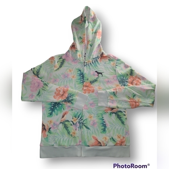VS PINK Green Orange Pink Floral Tropical Full-Zip Hoodie - Picture 2 of 4